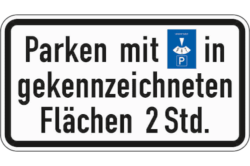 Zeichen 1040-33: Parken mit Parkscheibe in gekennzeichneten Flächen 2 Stunden