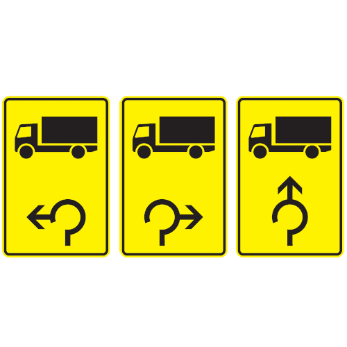 Zeichen 442-14, -24, -30: KFZ mit einer zulässigen Gesamtmasse über 3,5 t - im Kreisverkehr linksweisend, rechtsweisend und geradeaus (v. l. n. r.)