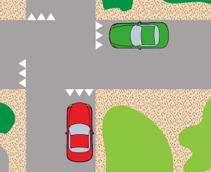 Haifischzähne im Verkehr können eine bestehende Rechts-vor-links-Regelung hervorheben.